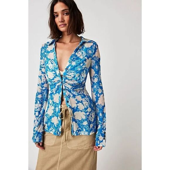 Free People Lucky Shirtee Sky Combo Blue Retro Inspired Long Line small new - Picture 1 of 13